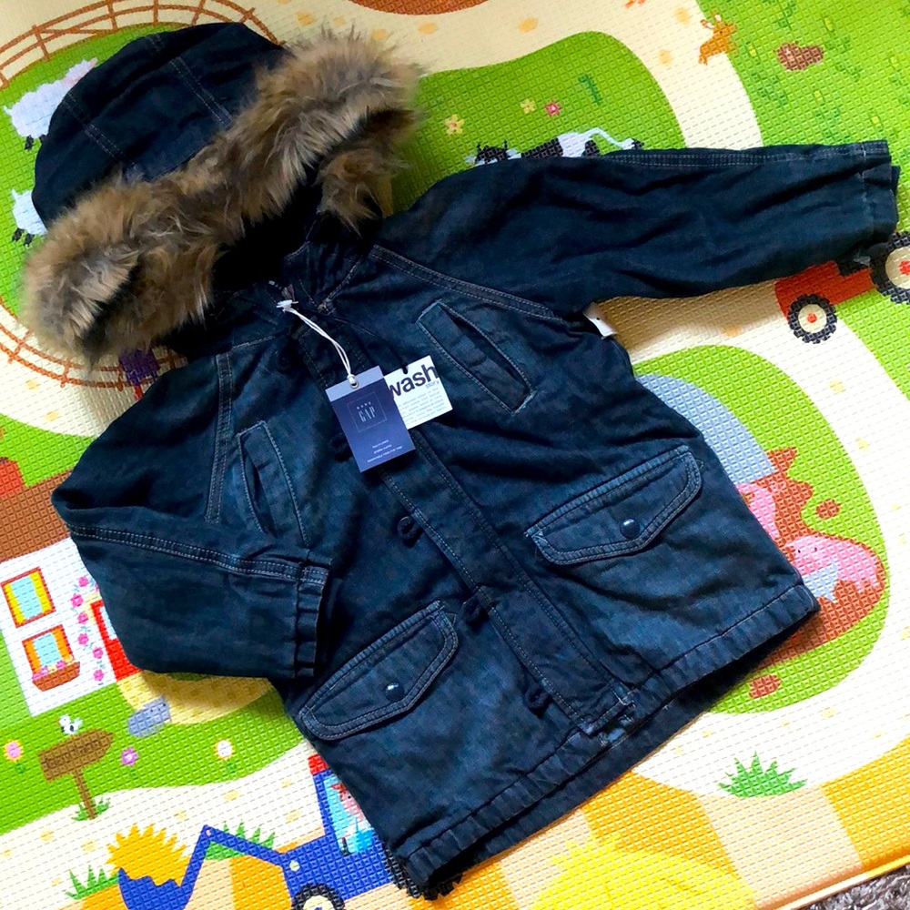 ❄️ GAP Kids 1969 Denim Snorkel Parka Sherpa Hooded Coat Jacket Blue